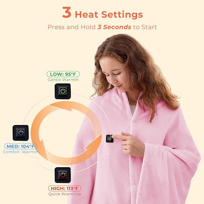 JOLLYVOGUE USB Heated Blanket Throw, Wearable & Portable Heating Electric Blanket for Adults, 3 Levels & 8 Heating Zone Shawl for Indoor & Outdoor, Pink (Battery Not Included)