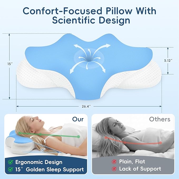 Cervical Neck Pillow for Pain Relief, Ergonomic Contour Pillow for Sleeping, 2 Heights Cooling Pillow for Neck and Shoulder Support, Memory Foam Orthopedic Pillow for Side Back Stomach Sleepers Blue
