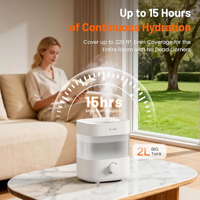 Humidifiers for Bedroom, 2L Tank for 15H, 20dB Quiet Mist Time, Dual Nozzles, Auto Shut-Off, Rotate to Adjust Mist Intensity, Rapid Ultrasonic Humidification for Baby Nursery and Plant (White)