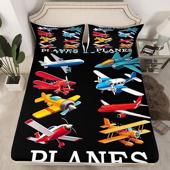 Cartoon Airplanes Kids Fitted Sheet Twin Size,Aviation Aircraft Warplane Helicopter Bedding Set,Boys Girls Room Decor,Flying Plane Air Vehicles Bed Cover,Black Bed Sheet,1 Pillowcase(No Top Sheet)