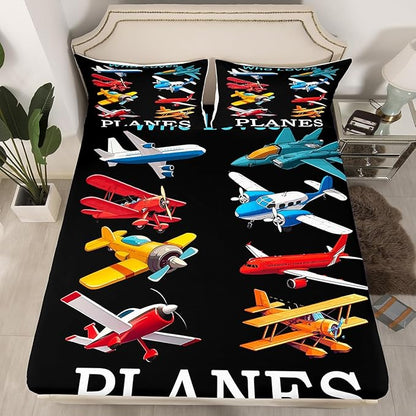 Cartoon Airplanes Kids Fitted Sheet Full Size,Aviation Aircraft Warplane Helicopter Bedding Set,Boys Girls Room Decor,Flying Plane Air Vehicles Bed Cover,Black Bed Sheet,2 Pillowcases(No Top Sheet)