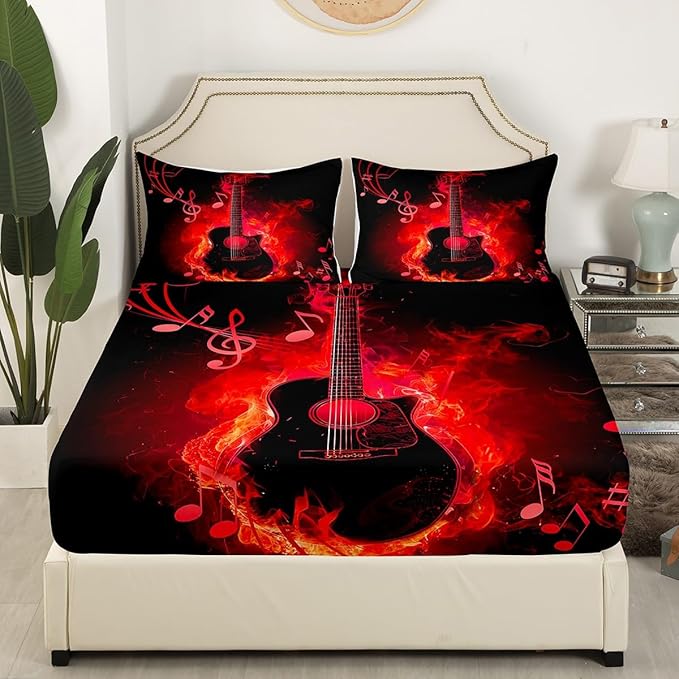 Electric Guitar Bed Sheet Set Twin Size,Rock Music Theme Guitar Musical Notes Sheet Set Kids Teens,Neon Red Glowing Modern Artistic Bedding Set with 1 Flat & 1 Fitted Sheet with 1 Pillow
