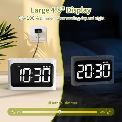 Digital Alarm Clock for Bedroom - Large 4.8" LED Display, Dual Alarm, 100% Dimmer, DST, Battery Backup, Simple Desk Clock for Bedside, Seniors, Kids, Teens