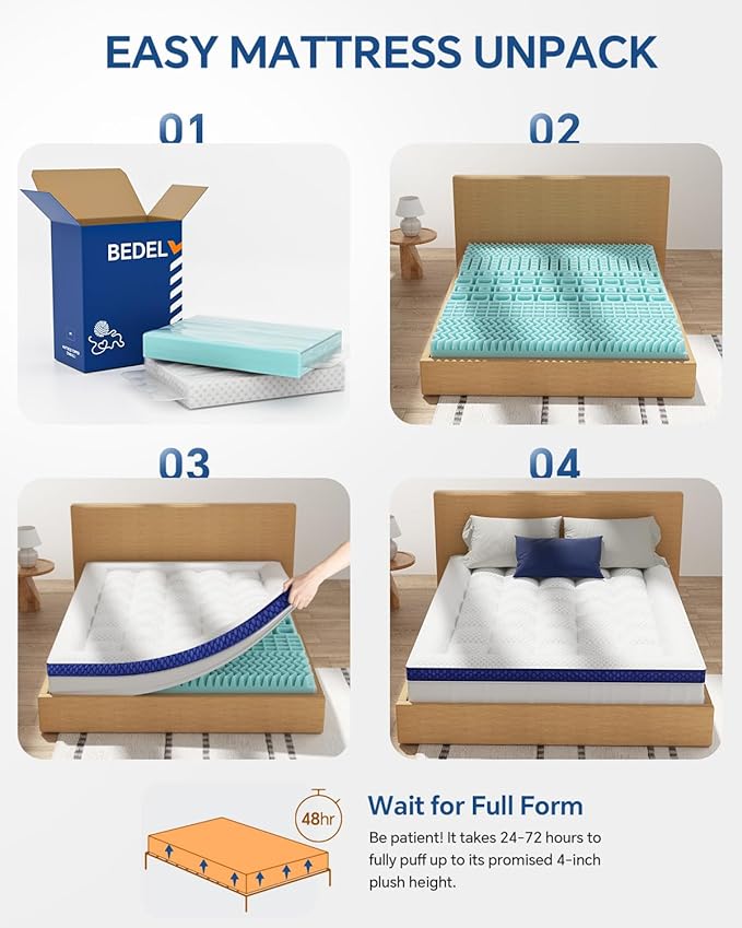 BEDELITE Twin Mattress Topper Dual Layer 4 Inch Memory Foam Mattress Topper, 2 Inch Pilow Top Mattress Pad and 2 Inch Premium Gel Foam Mattress, with Stretchable Pockets Up to 6"-24"