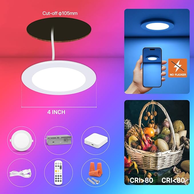 6Pack Smart RGB Recessed Lighting 4Inch,Ultra-Thin Canless LED Downlight,2.4GHz Wi-Fi Bluetooth, 2700K-6500K, 9W 810LM,Work with Tuya App,Alexa,Google Assistant,Sync Music