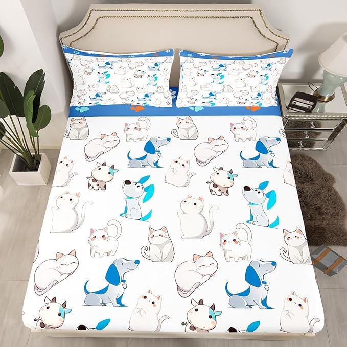 Kawaii Animal Fitted Bottom Sheet Queen Size,Cartoon Cat Puppy Cow Sheet Set Soft Polyester Bedding(No Top Sheet),Watercolor Paw Print Cute Dog Bed Cover(1 Fitted Sheet+2 Pillow Cases)