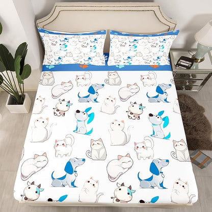 Kawaii Animal Fitted Bottom Sheet Queen Size,Cartoon Cat Puppy Cow Sheet Set Soft Polyester Bedding(No Top Sheet),Watercolor Paw Print Cute Dog Bed Cover(1 Fitted Sheet+2 Pillow Cases)