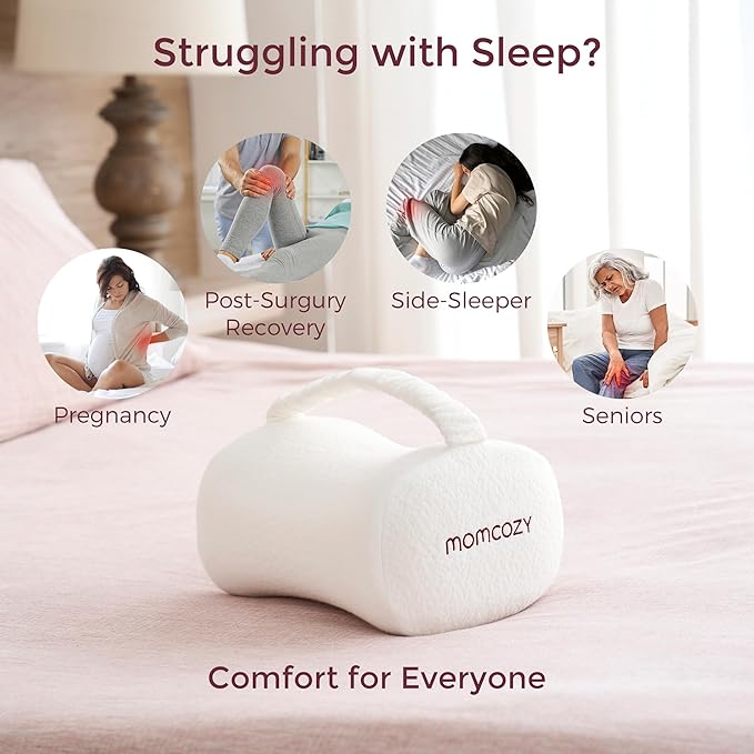 Momcozy Knee Pillow for Side Sleepers, Soft Memory Foam Support Spine Alignment Pregnancy Leg Pillow for Hips, Back, Sciatica Pain, Fixed Strap for Moving, Wider Contact Even Pressure
