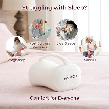 Momcozy Knee Pillow for Side Sleepers, Soft Memory Foam Support Spine Alignment Pregnancy Leg Pillow for Hips, Back, Sciatica Pain, Fixed Strap for Moving, Wider Contact Even Pressure