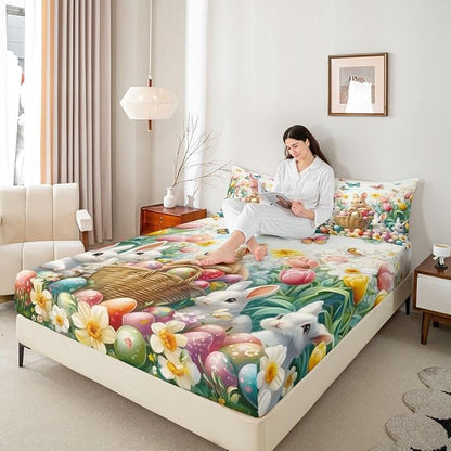 Happy Easter Bed Sheet Full Size Cute Rabbits Eggs Floral Bedding Set Butterfly Spring Tulip Fitted Sheet Kids Boys Girls Room Decor Colorful Soft Sheets with 2 Pillowcase,No Top Flat