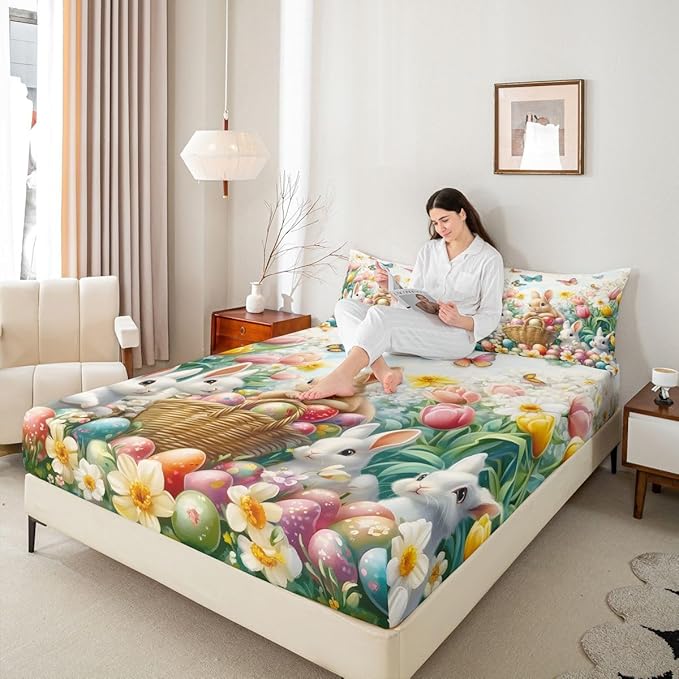 Happy Easter Bed Sheet Twin Size Cute Rabbits Eggs Floral Bedding Set Butterfly Spring Tulip Fitted Sheet Kids Boys Girls Room Decor Colorful Soft Sheets with 1 Pillowcase,No Top Flat