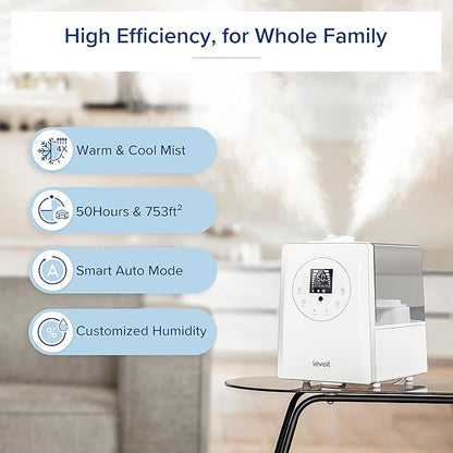 LEVOIT Humidifiers for Bedroom Large Room Home, 6L Warm and Cool Mist Ultrasonic Air Vaporizer for Plants and Whole House, Built-in Humidity Sensor, Essential Oil Diffuser, Whisper Quiet, Timer, White