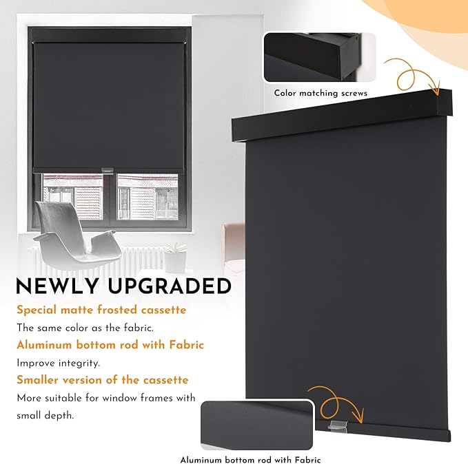Persilux Cordless Blackout Shades with Valance, Thermal Insulated Fabric Window Blinds for Windows, UV Protection Shades for Home and Bedroom (Black,35.5"Wx72"H)
