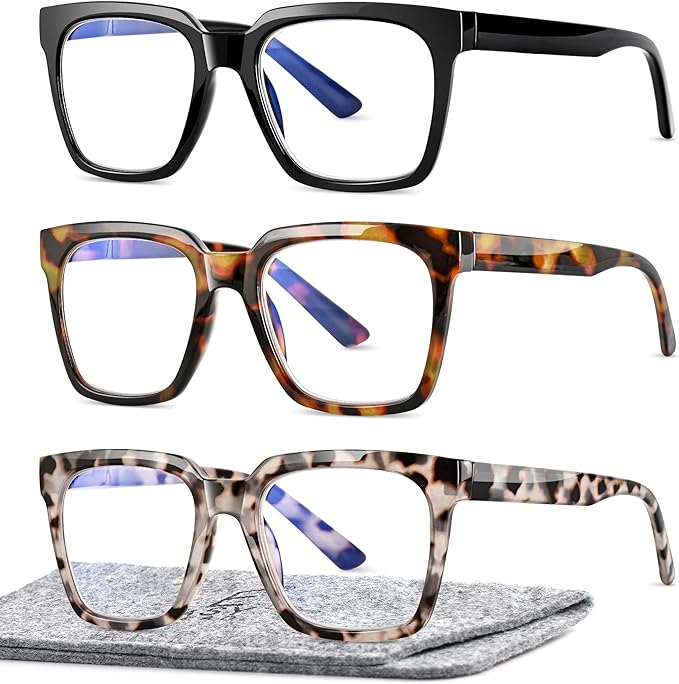 EASY READ 3 Pairs Reading Glasses for Women, Squre Computer Blue Light Blocking Anti UV Readers with Spring Hinge