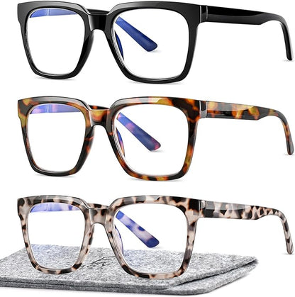 EASY READ 3 Pairs Reading Glasses for Women, Squre Computer Blue Light Blocking Anti UV Readers with Spring Hinge