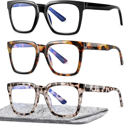 EASY READ 3 Pairs Reading Glasses for Women, Squre Computer Blue Light Blocking Anti UV Readers with Spring Hinge