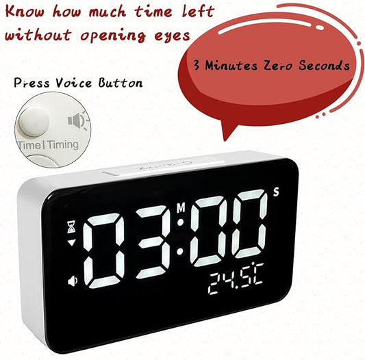 Talking Alarm Clock and Countdown Timer, Hourly Chime for Visually Impaired Elderly Seniors Blind, Battery Operated, Snooze, Temperature, Vibration, Rechargeable, 99 Minutes Led Count down Timing