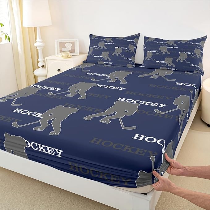 Manfei Hockey Players Bed Sheets Queen Size, Bedding Set, Competitive Games Teamwork Boys Girls Room Decor,Dark Blue Gray Sheet(Fitted+Flat+2 Pillowcases)