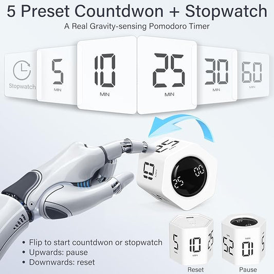Rotating Pomodoro Timer 5, 25, 10 30,60 Mins Preset Stopwatch, Desk Flip ProductivityTimer, ADHD Tool Hexagon, Vibration/Mute/Alarm, for Work, Study, Back to School, Kitchen, White