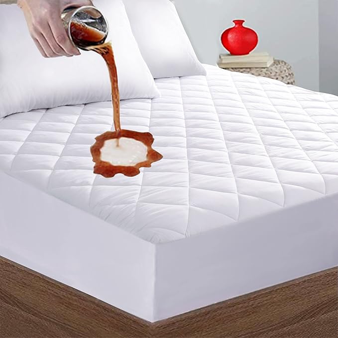 Quilted Fitted King Mattress Pad Cover, Waterproof Mattress Protector, Deep Pocket Elastic Fits Up to 21'', Breathable Soft Alternative Filling Mattress Pad