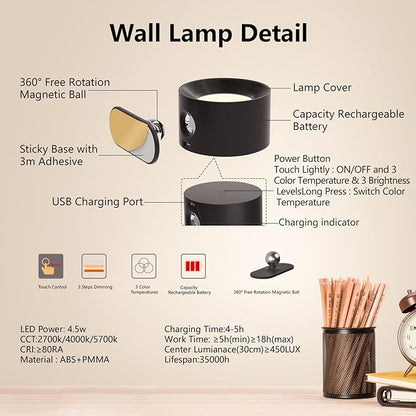 LED Wall Sconce, Wall Mounted Lamp with Rechargeable Battery Operated USB Port 3 Color Temperature & 3 Brightness Level 360°Rotate Magnetic Ball, Cordless Light for Reading Study Bedside