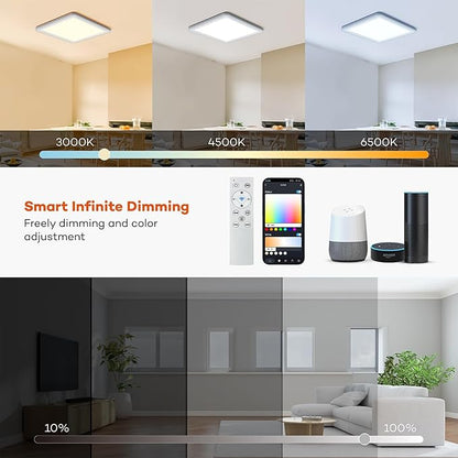 Smart LED Ceiling Light WiFi, 13in RGB Flush Mount Lighting Fixture with Remote, Compatible with Alexa Google Home, Low Profile Ceiling Light for Bedroom, Kitchen, Square White