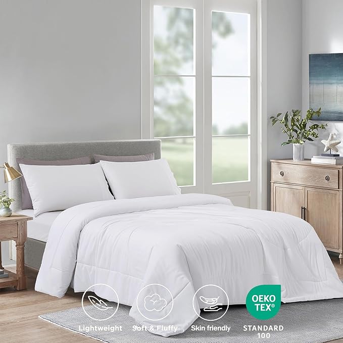 Zaizaihome Natural Bamboo Viscose Comforter Set Twin Size 2 Pieces, All-Season Soft Breathable Moisture-Wicking Quilt with Matching Pillowcase, Machine Washable, Quilted Fluffy Comforter (White)