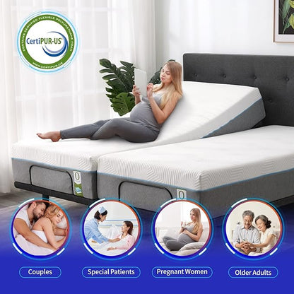 MUUEGM Split King Adjustable Bed Frame with Thickened Frame, Head and Foot Lift, Head-Pillow-Tilt, Adjustable Beds with Smart APP Control, Massage, Zero Gravity, Anti-Snore, Wireless Remote,USB Ports