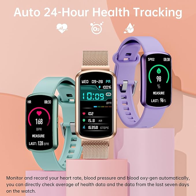 Health Fitness Tracker with 24/7 Heart Rate, Smart Watch with Blood Pressure and Blood Oxygen Monitor, Bulit-in 120+ Sport Mode, Sleep Tracking Waterproof Activity Tracker for Women Men (Rose Gold)