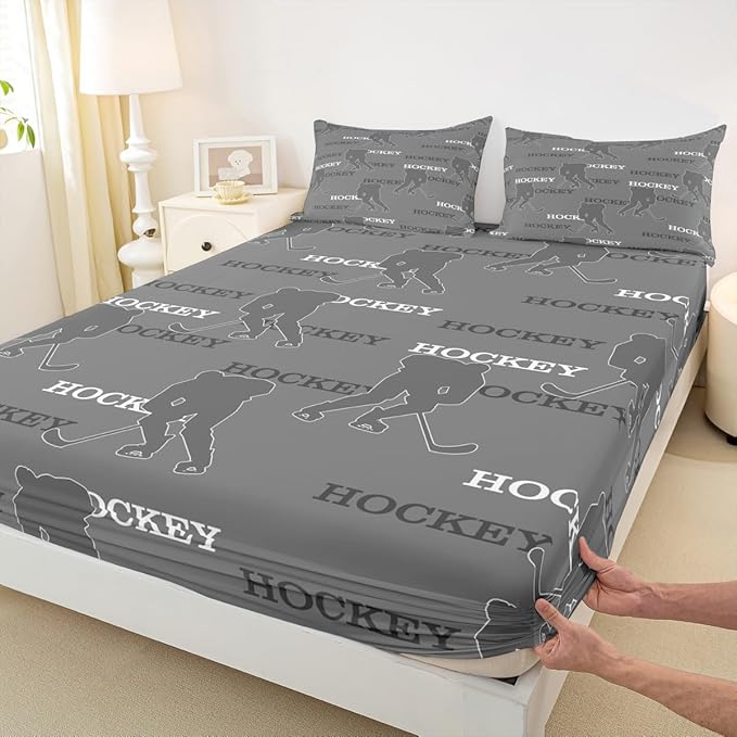 Manfei Hockey Players Bed Sheets Twin Size, Easy Wash Bedding Set,Ball Activity Game Kids Room Decor,Gray Sheet(Fitted+Flat+1 Pillowcase)