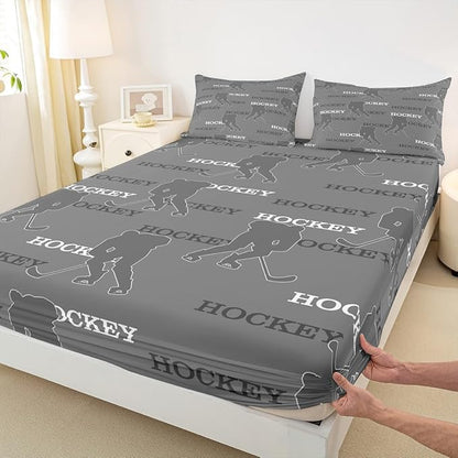Manfei Hockey Players Bed Sheets Twin Size, Easy Wash Bedding Set,Ball Activity Game Kids Room Decor,Gray Sheet(Fitted+Flat+1 Pillowcase)