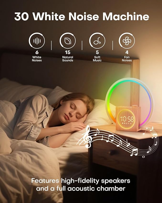 Sunrise Alarm Clock, White Noise Sound Machine, Alarm Clocks for Bedrooms with 12 Color Ambient Nightlight, White Noise Machine with 30 Soothing Sounds, Gifts for Adults, Kids, Couples and Friends