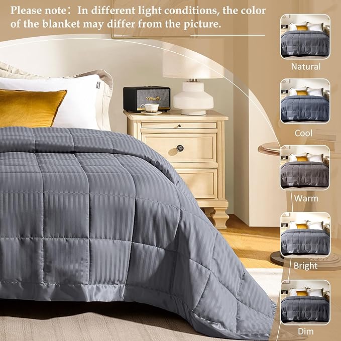 downluxe Queen Size Blanket with Satin Trim, Lightweight Down Alternative Blankets Queen Size for All Season, Machine Washable (Grey, 90x90 Inch)