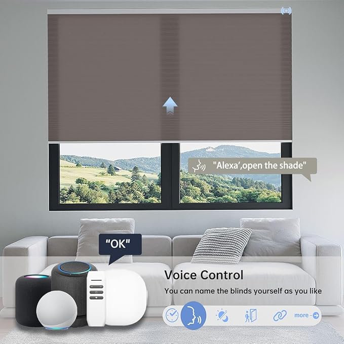 Motorized Cellular Shades with Remote, Light Filtering Smart Cellular Shades Compatible with Alexa, Honeycomb Window Blinds for Bedroom Home Office, Custom Size, Half Shading Golden Brown