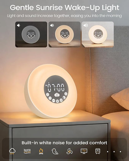 Glocusent Sunrise Alarm Clock for Bedrooms, Dual Alarm Clock Sound Machine & 14 White Noise, 2×Stereo Bluetooth Speaker/Radio/TF, 8 Color Night Light, 10-Level Dimming, Wake Up Light for Adults & Kids