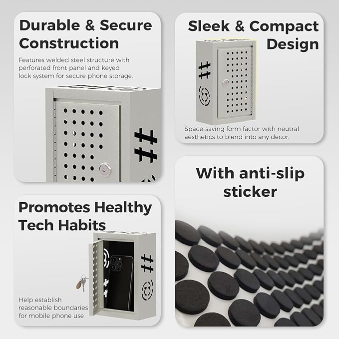 OSKIE Phone Downtime Box - Lockable Smartphone Storage for Home & Office, Key Lock Secure Metal Organize, Wall Mountable, 8.25” x 5.5” x 2.5” (graywhite)