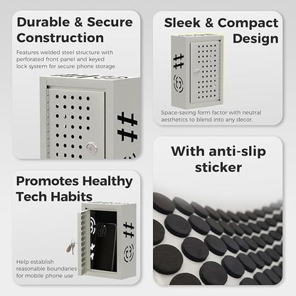OSKIE Phone Downtime Box - Lockable Smartphone Storage for Home & Office, Key Lock Secure Metal Organize, Wall Mountable, 8.25” x 5.5” x 2.5” (graywhite)