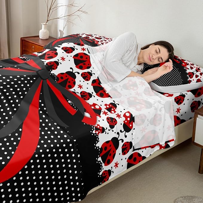 Manfei Red Black Bowknot Kids Sheet Queen Size,Ladybug Ladybird Beetle Insect Rustic Girls Boys Bedding Set Decor,Geometric Polka Dots Bow Tie Cute Bed Sheet Set 4pcs(Fitted + Flat + 2 Pillowcases)