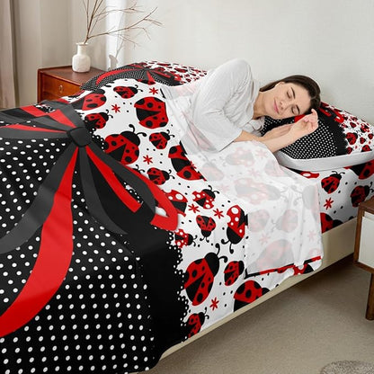 Manfei Red Black Bowknot Kids Sheet Queen Size,Ladybug Ladybird Beetle Insect Rustic Girls Boys Bedding Set Decor,Geometric Polka Dots Bow Tie Cute Bed Sheet Set 4pcs(Fitted + Flat + 2 Pillowcases)
