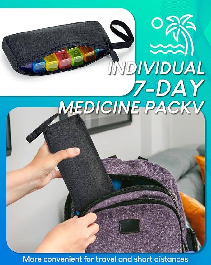 Monthly Pill Organizer 3 Times a Day with Weekly Pill Bags, Portable Hard Shell Case, Pill Cutter & Opener Pick, Monthly and Weekly Stickers for Medication Management (Purple, 3 Times a Day)