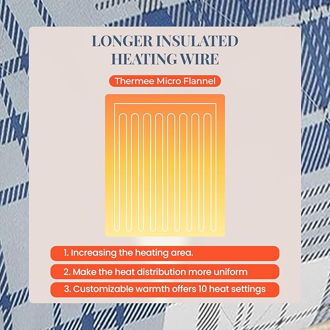 Thermee Micro Flannel Heated Blanket Queen Size, 10 Settings, Programmable, Luxuriously Soft, Rapid Heating, Warm - Ultramarine Plaid