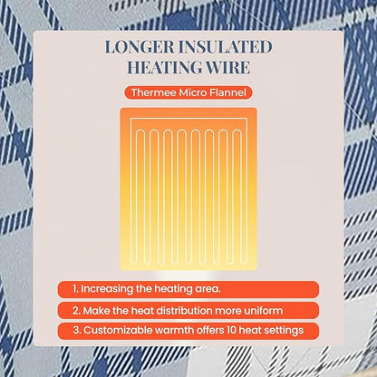 Thermee Micro Flannel Heated Blanket Queen Size, 10 Settings, Programmable, Luxuriously Soft, Rapid Heating, Warm - Ultramarine Plaid