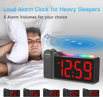 Peakeep Projection Alarm Clock for Bedroom Ceiling 180° Rotatable, Loud for Heavy Sleepers, Colorful Nightlight, 5 Brightness Dimmable Large Number Bedside Electric LED Digital Clock with USB Port