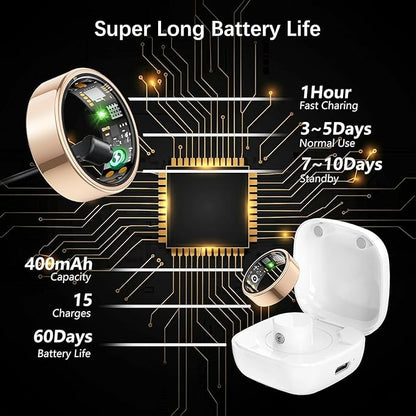 Smart Health Ring for Women Men, Fitness Tracker Ring with Heart Rate, Blood Oxygen, Sleep Tracker, Step Tracker, No Subscription Fee, IP68 Waterproof Smart Ring for iPhone & Android (Rose Gold, 7#)