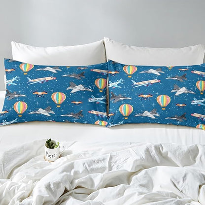 Aircraft Fitted Bottom Sheet Twin Size,Cartoon Airplane Hot Air Balloon Sheet Set Soft Polyester Bedding,Glittering Galaxy Sky Bed Cover(1 Fitted Sheet+1 Pillow Case)
