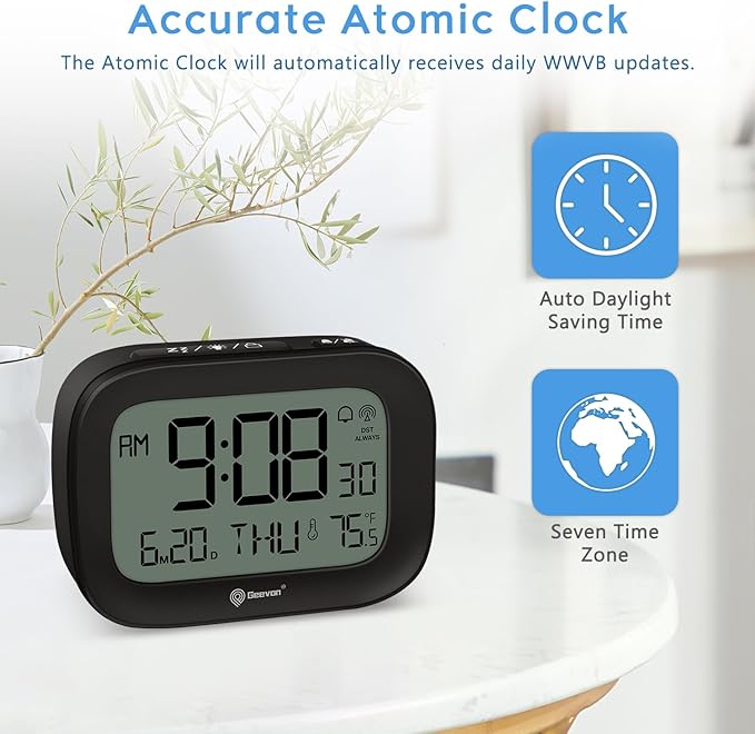 Geevon Small Digital Atomic Alarm Clock for Bedroom, Portable Battery Operated Travel Desk Clock for Heavy Sleepers, with 10s Backlight, Temperature, 3 Inch Display, Black