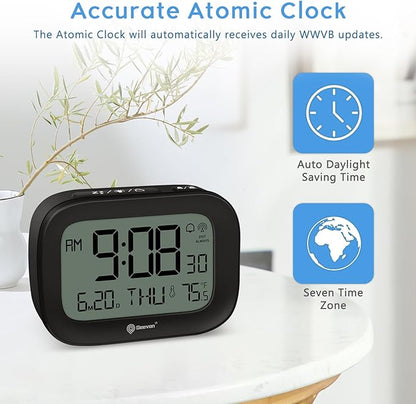 Geevon Small Digital Atomic Alarm Clock for Bedroom, Portable Battery Operated Travel Desk Clock for Heavy Sleepers, with 10s Backlight, Temperature, 3 Inch Display, Black