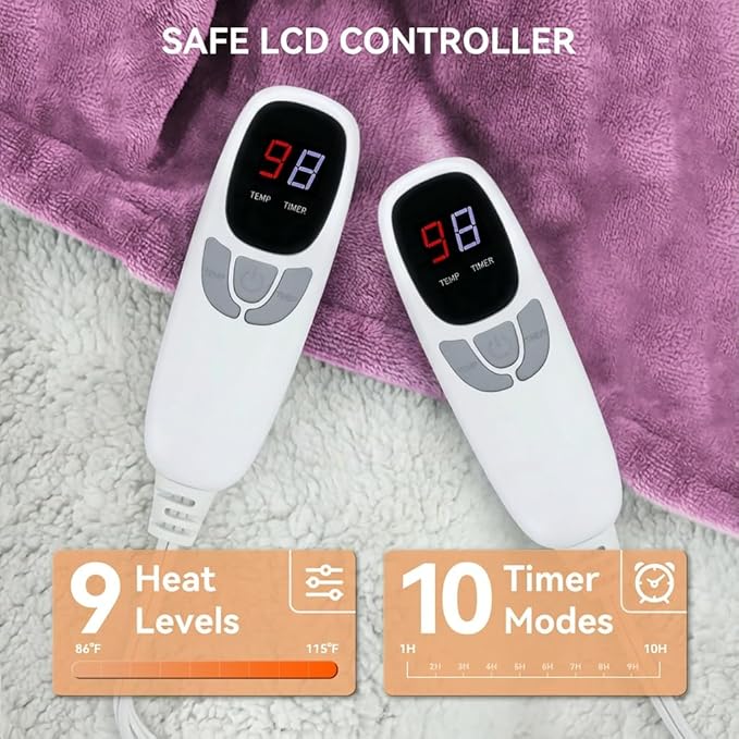 Heated Electric Blanket Queen Size 84"x90" Heating Blanket with Dual Control 9 Heating Levels 10 Timer Modes Auto Off, Fast Heating Over-Heat Protection Ultra Soft Flannel ETL Certified, Purple