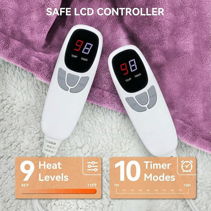 Heated Electric Blanket Queen Size 84"x90" Heating Blanket with Dual Control 9 Heating Levels 10 Timer Modes Auto Off, Fast Heating Over-Heat Protection Ultra Soft Flannel ETL Certified, Purple