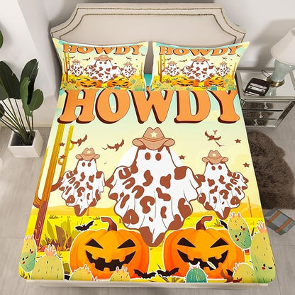 Western Ghost Bedding Set Full Size,Rustic Desert Cactus Pumpkin Graffiti Fitted Sheet,Retro Cowboy Hat Halloween Cute Ghost Sheet Set for Kids Teens Adults Bedroom Decor,2 Pillowcases
